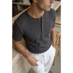 Livio Ferri Liiri %100 Pamuk Premium Fitilli Henley Yaka Yarım Düğmeli Erkek Tişört Regular Fit Basic Yazlık Tişört - Antrasit
