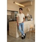 Livio Ferri Liiri %100 Pamuk Premium Fitilli Henley Yaka Yarım Düğmeli Erkek Tişört Regular Fit Basic Yazlık Tişört - Krem