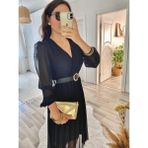 Livizmir Moda Kadın Şifon Kumaş Astalı Kloş Kesim Kruvaze Yaka Midi Boy Elbise - 3XL - Siyah