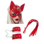 Liyuza Misss Fantezi Deri Seksi Kırmızı Kedi Maske Kelepçe Kırbaç Seti (3'lü set) BC5367 Kırmızı Tek Ebat