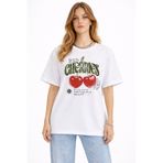 Lizbon Style Kadın Oversize %100 Pamuk Basic Tişört Rahat Kalıp Baskılı Beyaz T-Shirt