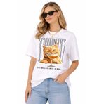 Lizbon Style Kadın Oversize %100 Pamuk Tişört Basic Rahat Kalıp Kedi Baskılı Beyaz T-Shirt