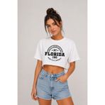 Lizbon Style Kadın Salaş Kesim T-Shirt Florida Baskılı Crop Tişört - Beyaz