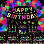 LKITMIUT 80'li Paket Glow Neon Parti Malzemeleri Parlak Parti Süslemeleri Siyah Işık Reaktif Dekor Seti - Floresan Afiş, BlackLight Garland, Asılı Yıldızlar, Karanlık Balonlarda Parlayan, Neon Masa Örtüsü,