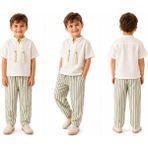 Lluvia Kidss Erkek Çocuk Bluz Çizgili Pantolon Keten Takım - 5 - 6 Yaş - Yeşil - Krem