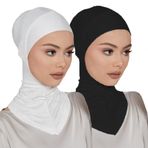 LMVERNA 2 Adet Modal Tesettür Şapka Ayarlanabilir Müslüman Esnek Türban Tam Kapak Şal Alt Başlık Tam Boyun Kapsama Kadınlar için, Siyah+beyaz, ^