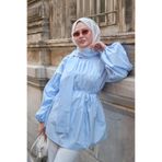 LOCCO Kadın Önü Fırfır Detay Şallı Pileli Bluz Mavi