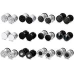LOCCY Erkekler için küpe, 12 çift paslanmaz çelik erkek küpesi, gümüş siyah yuvarlak küpe, 8 mm sahte tıpa, tünel piercing, küpe, erkek ve kadın ve kız çocukları için
