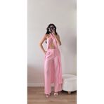 LOCH BUTİK Kadın Pembe Kraşlı Çarpraz Bağlamalı Pantolon Uzun Yelek İkili Takım