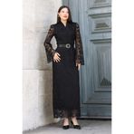 lodmela Hakim Yaka Kemerli Dantel Maxi Abiye Elbise 6032-Siyah