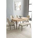 Loft Meşe Desen 80X132 Açılabilir Mdf Masa Yemek Odası Takımı, Mutfak Takımı 4 Sandalye, 1 Bench - Krem - 80 x 132 cm