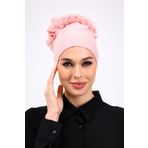 Loggia Fırfırlı Dikişsiz Penye Bone Pembe - Kadın Tesettür Bağlamalı Topuz İç Bone Pudra