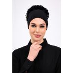 Loggia Fırfırlı Dikişsiz Penye Bone Siyah - Kadın Tesettür Bağlamalı Topuz İç Bone