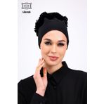 Loggia Likralı Fırfırlı Dikişsiz Siyah Bone - Kadın Tesettür Bağlamalı Topuz İç Bone Viskon