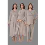 LOHOUSE Kadın Bej Kruvaze Pamuklu Hamile Lohusa Sabahlık ,Pijama Takımı, Gecelik 4'lü Set