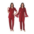 LOHOUSE Kadın Fuşya Dantelli Kısa Kollu Pamuklu Hamile Lohusa Sabahlık Pijama Takımı Set