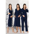 LOHOUSE Kadın Lacivert Özel Tasarım Pamuklu Hamile Lohusa Sabahlık,Pijama Takımı, Gecelik 4'lü Set