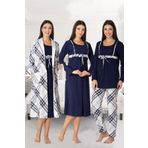 LOHOUSE Kadın Lacivert Uzun Kollu Kışlık Pamuklu Hamile Lohusa Sabahlık Pijama Takımı Gecelik Set