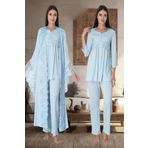 LOHOUSE Kadın Mavi Tasarım Prenses Kollu Pamuklu Hamile Lohusa Sabahlık Pijama Takımı Set