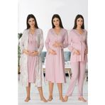 LOHOUSE Kadın Pembe Özel Tasarım Pamuklu Hamile Lohusa Sabahlık,Pijama Takımı, Gecelik 4'lü Set