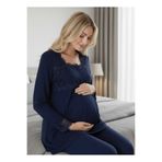 Lohusa Homewear Kadın Lacivert Uzun Kol Dantel Detaylı Düğmeli Emzirmeye Uygun %100 Pamuk Lohusa Hamile Pijama Takım