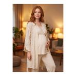 Lohusa Homewear Yeni Sezon Ekru Dokuma Yazlık Emzirme Özellikli Özel Tasarım Kısa Kol Hamile Lohusa Sabahlık Pijama Takımı 3'Lü Set