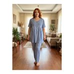 Lohusa Homewear Yeni Sezon Havacı Mavi Dantel İşlemeli Tasarım Yazlık Kısa Kol Büyük Beden(Battal Boy) Pijama Takımı