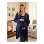 Lohusa Homewear Yeni Sezon Lacivert Yazlık Emzirme Özellikli Özel Tasarım Biyeli %100 Pamuk Lohusa Hamile Sabahlık Pijama Takımı 3'Lü Set