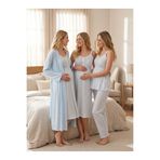 Lohusa Homewear Yeni Sezon Mavi Çizgili Yazlık Dantel Detaylı Emzirme Özellikli Tasarım Askılı Lohusa Hamile Sabahlık Gecelik Pijama Takımı 4'Lü Set
