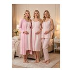Lohusa Homewear Yeni Sezon Pembe Çizgili Yazlık Dantel Detaylı Emzirme Özellikli Tasarım Askılı Lohusa Hamile Sabahlık Gecelik Pijama Takımı 4'Lü Set