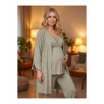 Lohusa Homewear Yeni Sezon Yeşil Dokuma Yazlık Emzirme Özellikli Özel Tasarım Kısa Kol Hamile Lohusa Sabahlık Pijama Takımı 3'Lü Set