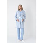 Lohusa ve Hamilelere Özel Jakarlı Çizgili Sabahlık/Düğmeli(Emzirmeli) Uzun Kollu Pijama Takımı-(3'lü) Mavi 2XL Beden