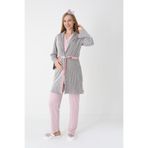 Lohusa ve Hamilelere Özel Jakarlı Çizgili Sabahlık/Düğmeli(Emzirmeli) Uzun Kollu Pijama Takımı-(3'lü) Pudra M Beden