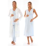 Lohussa Effort Kadın Mavi Dantel Yaka Rahat Sabahlıklı 4'lü Set Lohusa Hamile Pijama Gecelik Takımı