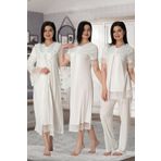 Lohussa Kadın Ekru Dantelli Pamuklu Hamile Lohusa Sabahlık Pijama Takımı Gecelik 4'lü Set