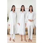 Lohussa Kadın Ekru Dantelli Uzun Kollu Pamuklu Hamile Lohusa Sabahlık Pijama Takımı Gecelik Set