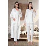 Lohussa Kadın Ekru Özel Tasarım Dantelli Pamuklu Lohusa Hamile Sabahlık Pijama Takımı 3'lü Set