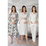 Lohussa Kadın Ekru Özel Tasarım Pamuklu Hamile Lohusa Sabahlık,Pijama Takımı, Gecelik 4'lü Set