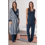 Lohussa Kadın Lacivert Çizgili Askılı Pamuklu Hamile Lohusa Sabahlık,pijama Takımı Set
