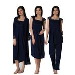 Lohussa Kadın Lacivert Dantelli Pamuklu Hamile Lohusa Sabahlık Pijama Takımı Gecelik 4'lü Set