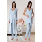 Lohussa Kadın Mavi Dantelli Askılı Pamuklu Lohusa Hamile Sabahlık Pijama Takımı Set
