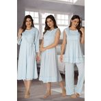 Lohussa Kadın Mavi Dantelli Pamuklu Hamile Lohusa Sabahlık Pijama Takımı Gecelik 4'lü Set