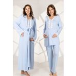 Lohussa Kadın Mavi Tasarım Tam Boy %100 Pamuk Hamile Lohusa Sabahlık Pijama Takımı Gecelik Set