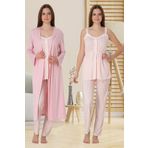 Lohussa Kadın Pembe Çizgili Özel Tasarım Askılı Pamuklu Hamile Lohusa Sabahlık Pijama Takımı Set