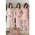 Lohussa Kadın Pembe Geniş Askılı Desenli Hamile Lohusa Sabahlık Pijama Takımı Gecelik 4'lü Set
