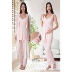 Lohussa Kadın Pudra Dantelli Askılı Pamuklu Lohusa Hamile Sabahlık Pijama Takımı Set