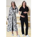 Lohussa Kadın Siyah Desenli Özel Tasarım Esnek Pamuklu Hamile Sabahlık Pijama Takımı Gecelik Set