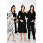 Lohussa Kadın Siyah Özel Tasarım Pamuklu Hamile Lohusa Sabahlık,Pijama Takımı, Gecelik 4'lü Set