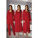 Lohussa Kadın Vişne Dantelli Uzun Kollu Pamuklu Hamile Lohusa Sabahlık Pijama Takımı Gecelik Set