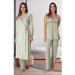 Lohussa Kadın Yeşil Çizgili Askılı Pamuklu Hamile Lohusa Sabahlık,pijama Takımı Set